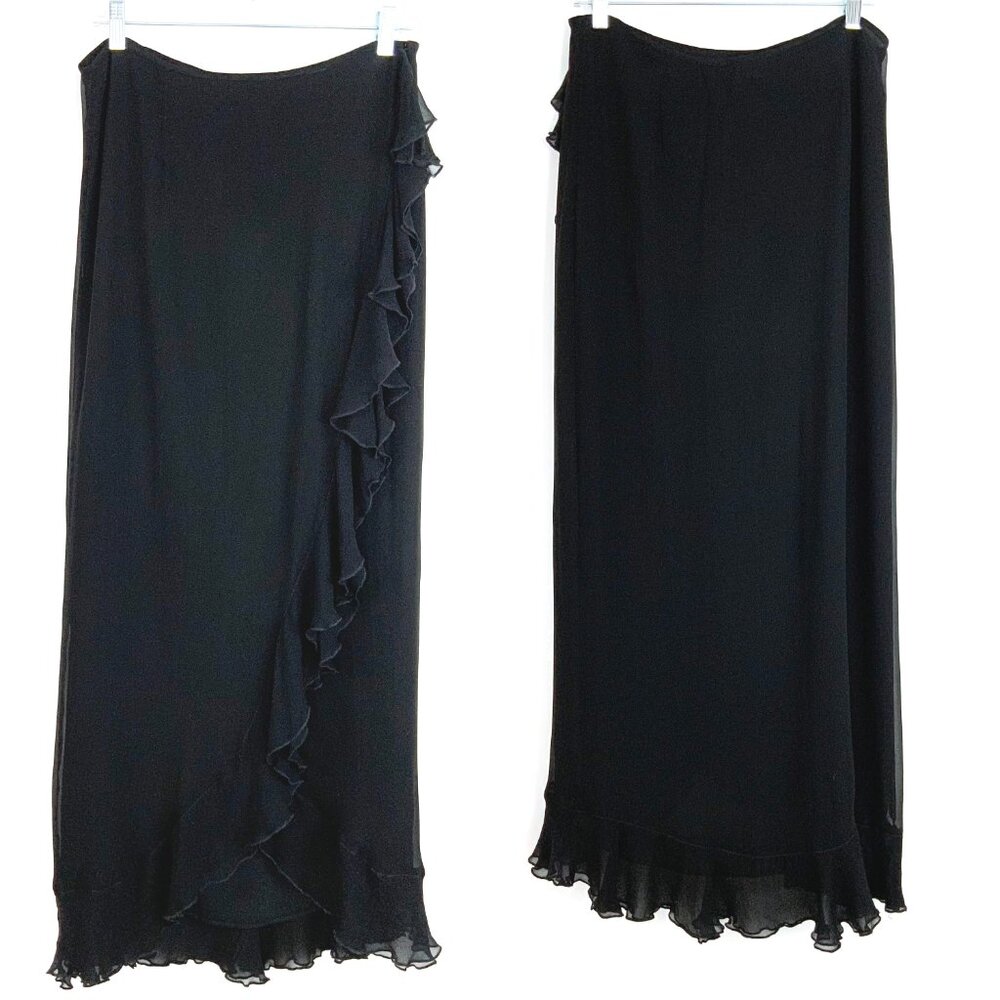Vintage A.B.S. by Allen Schwartz Black Maxi Wrap Skirt Cascading Ruffles Sz 12 - Picture 9 of 16